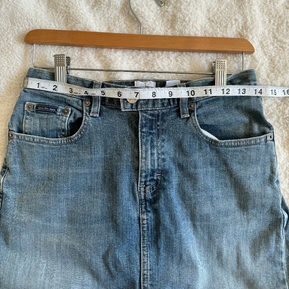 Calvin Klein Vintage Mini Jean Skirt, Blue, Medium Wash with Middle Slit, 2 - Picture 12 of 16